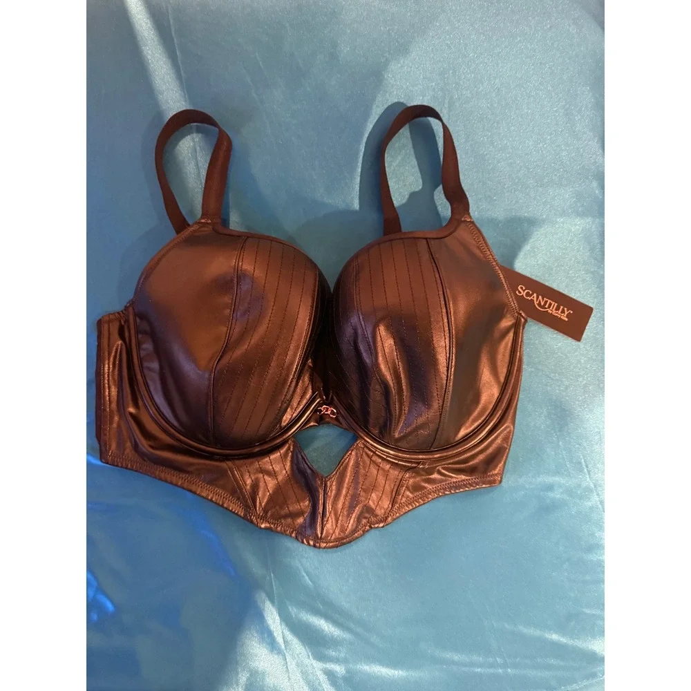 NWT Scantilly Hell For Pleather SuperPlunge Longline Bra Black US 36J